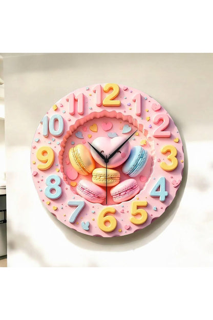 2D Kabartma Görünümlü Makaron Renkli Baskı Desenli Sayılı Hediyelik Ahşap Sessiz Duvar Saati