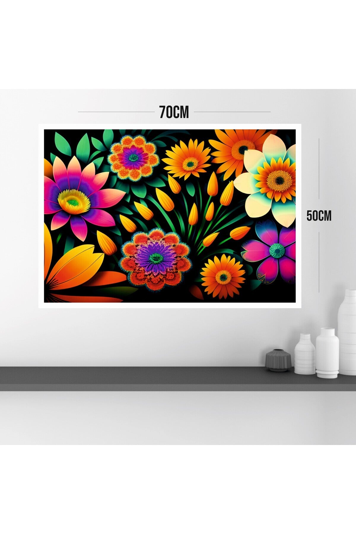 Çiçek Büyük Boy Renkli Solmaz Kaliteli Baskı Çerçeve Görünümlü MDF Tablo 70x50cm 126