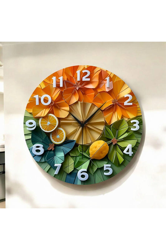 Renkli Baskı Meyve Sebze Desenli Sayılı Hediyelik Ahşap Sessiz Tablo Duvar Saati
