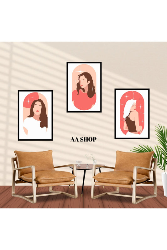 3 Parça Kadın Renkli Solmaz Kaliteli Baskı Çerçeve Görünümlü MDF Tablo Set 44