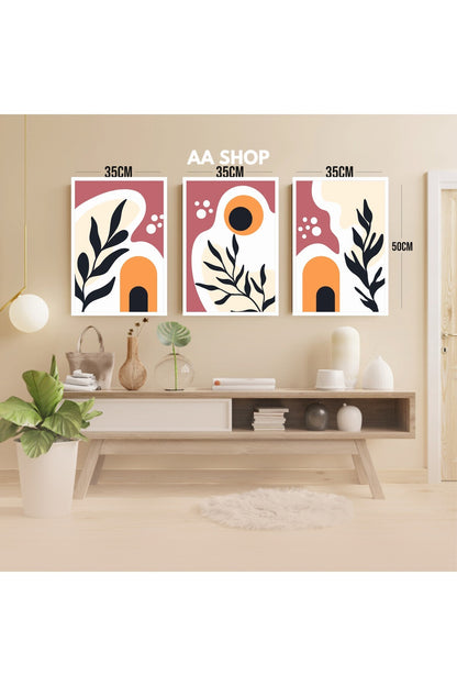 3 Parça Çiçek Yaprak Renkli Solmaz Kaliteli Baskı Çerçeve Görünümlü MDF Tablo Set 74