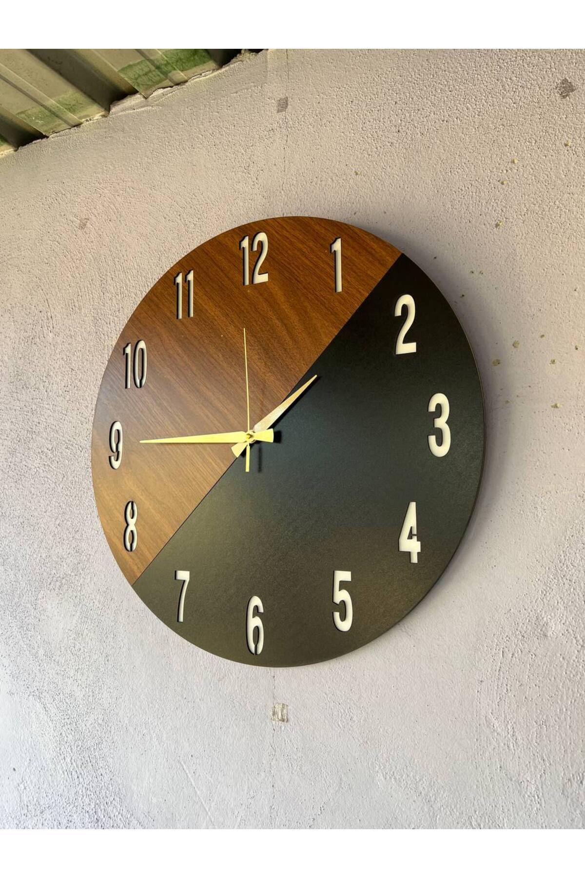 Ahşap Siyah Ceviz Mobilya Renk Desenli Hediyelik Sessiz Duvar Saati 50cm