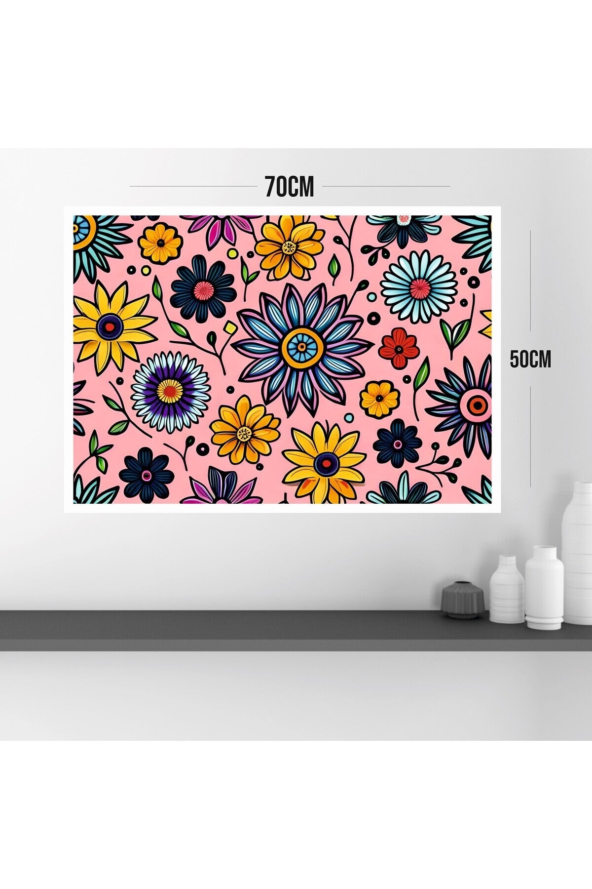 Çiçek Büyük Boy Renkli Solmaz Kaliteli Baskı Çerçeve Görünümlü MDF Tablo 70x50cm 53