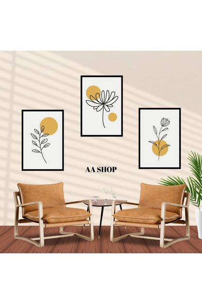 3 Parça Çiçek Papatya Renkli Solmaz Kaliteli Baskı Çerçeve Görünümlü MDF Tablo Set 26