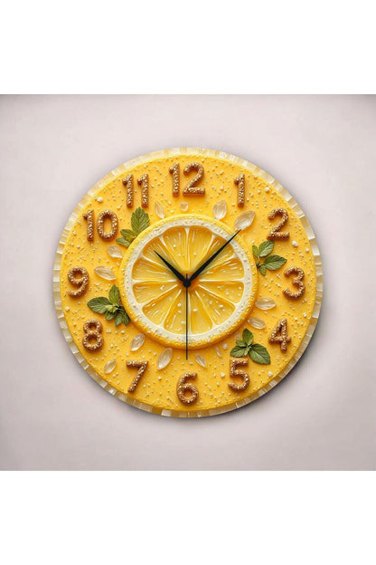 2D Kabartma Görünümlü Limon Renkli Baskı Desenli Sayılı Hediyelik Ahşap Sessiz Duvar Saati