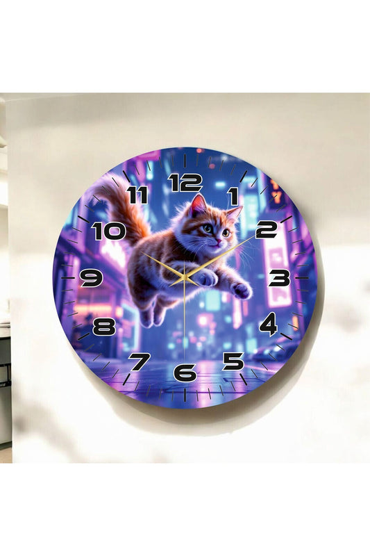 Renkli Baskı Kedi Çocuk Desenli Sayılı Hediyelik Ahşap Sessiz Tablo Duvar Saati