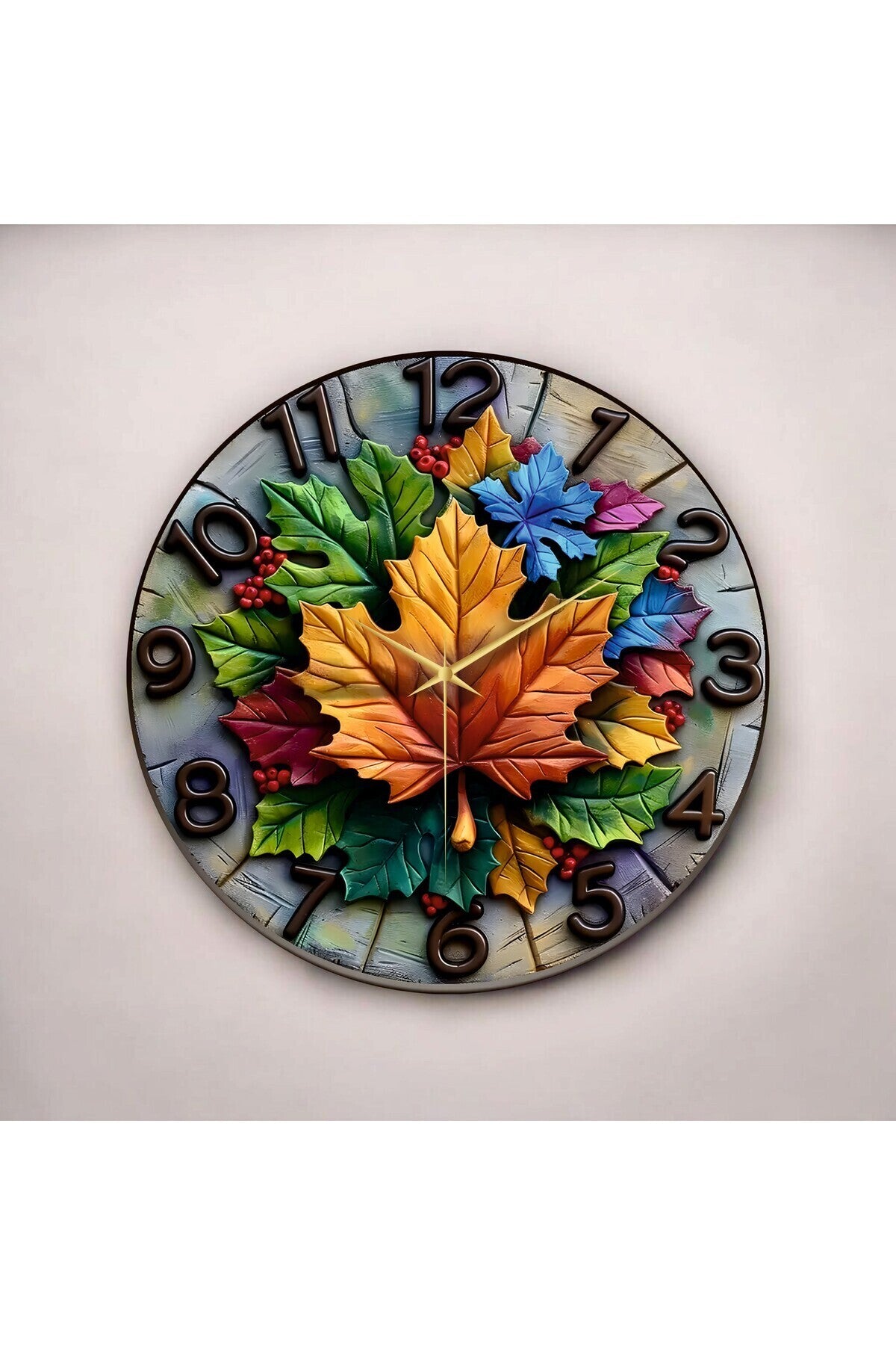 Renkli Baskı Yaprak Desenli Sayılı Hediyelik Ahşap Sessiz Tablo Duvar Saati