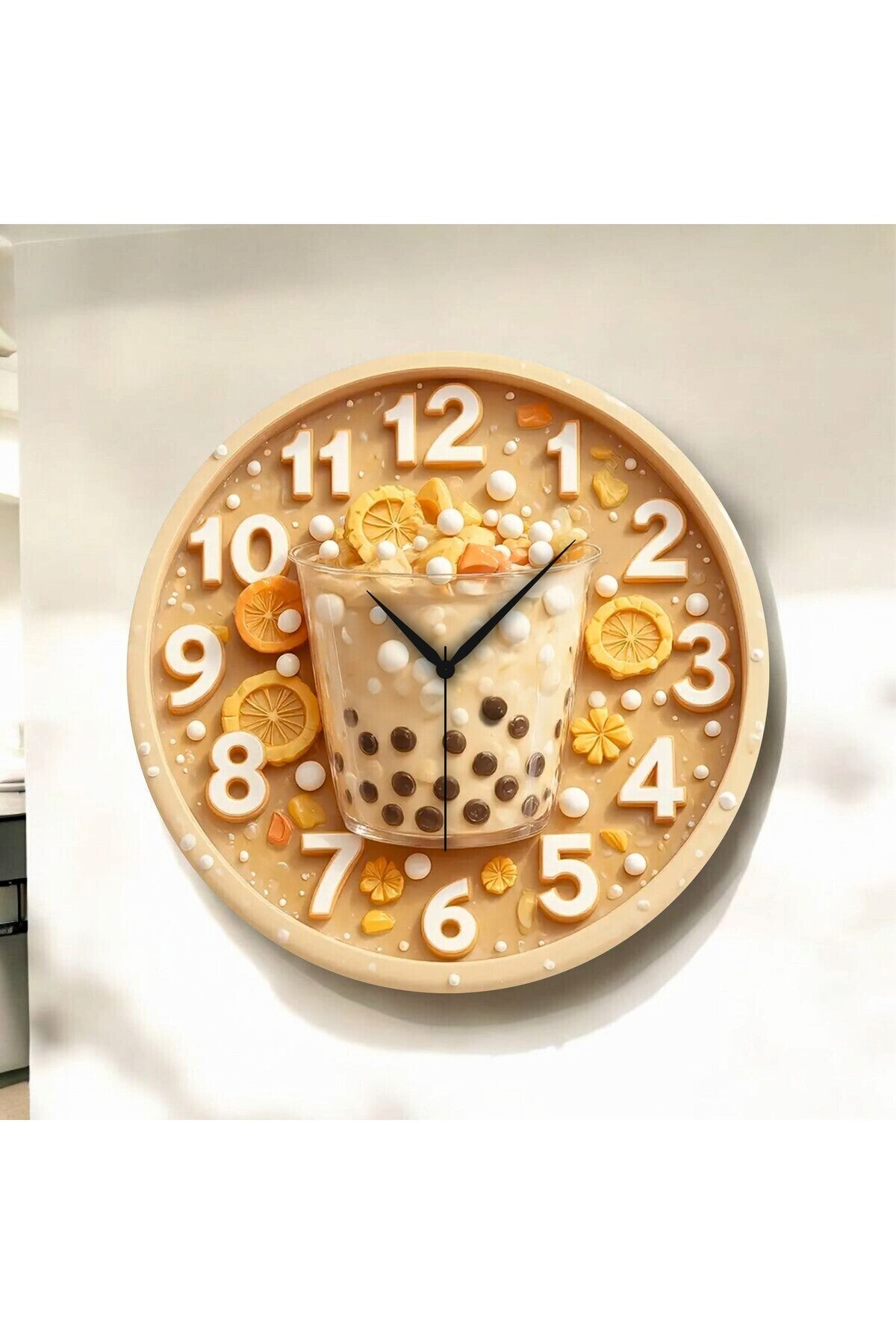 Bubble Tea Kabartma Görünümlü Renkli Baskı Desenli Sayılı Hediyelik Ahşap Sessiz Duvar Saati