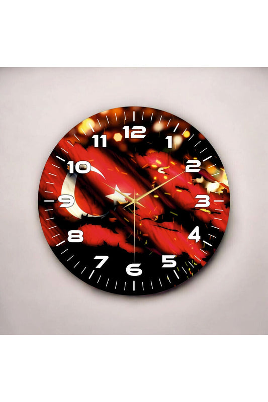 Siyah Kırmızı Renkli Baskı Türk Bayrağı Desenli Sayılı Hediyelik Ahşap Sessiz Tablo Duvar Saati
