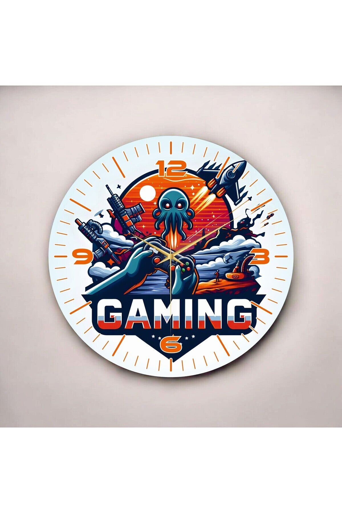 Gaming Yazılı Oyun Temalı Renkli Baskı Desenli Sayılı Hediyelik Ahşap Sessiz Tablo Duvar Saati