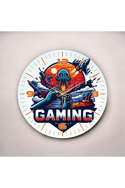 Gaming Yazılı Oyun Temalı Renkli Baskı Desenli Sayılı Hediyelik Ahşap Sessiz Tablo Duvar Saati