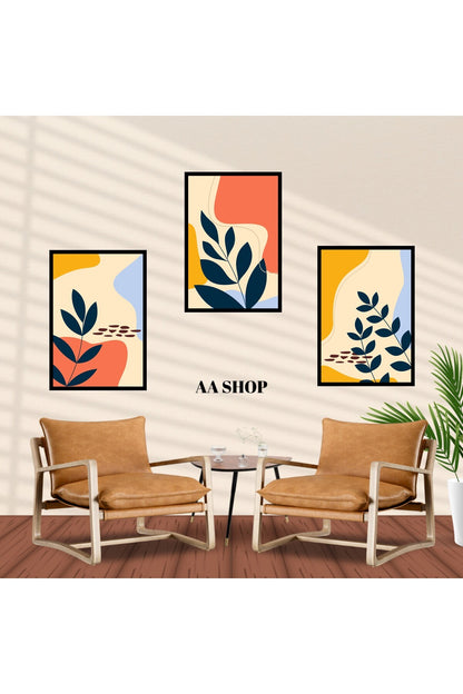 3 Parça Çiçek Yaprak Renkli Solmaz Kaliteli Baskı Çerçeve Görünümlü MDF Tablo Set 50