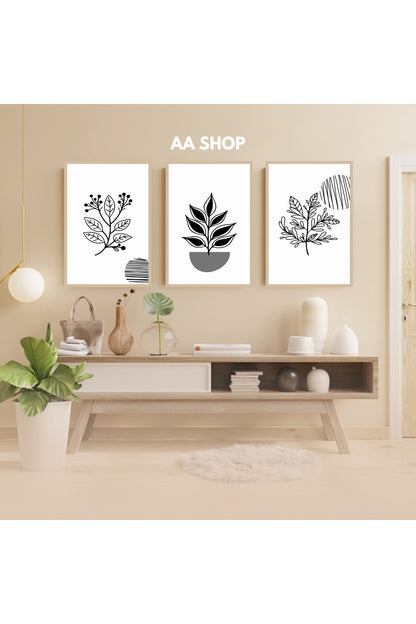 3 Parça Çiçek Yaprak Renkli Solmaz Kaliteli Baskı Çerçeve Görünümlü MDF Tablo Set 93