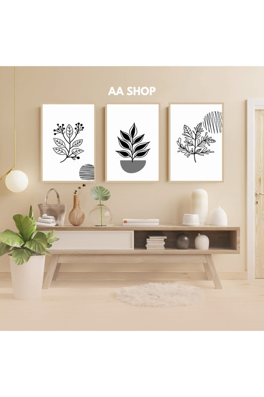 3 Parça Çiçek Yaprak Renkli Solmaz Kaliteli Baskı Çerçeve Görünümlü MDF Tablo Set 93