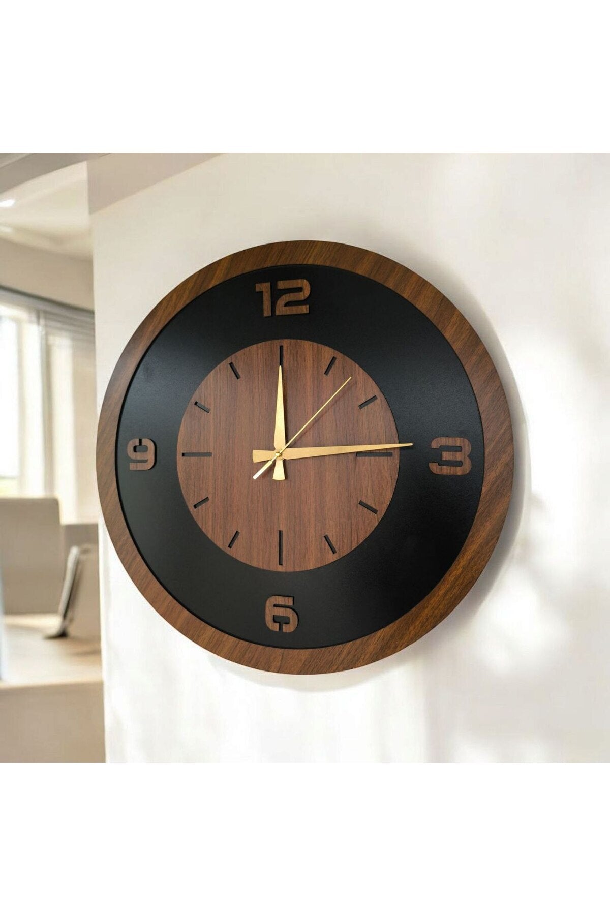 Ahşap Ceviz Siyah Renk Sade Sayılı Hediyelik Sessiz Duvar Saati 50cm