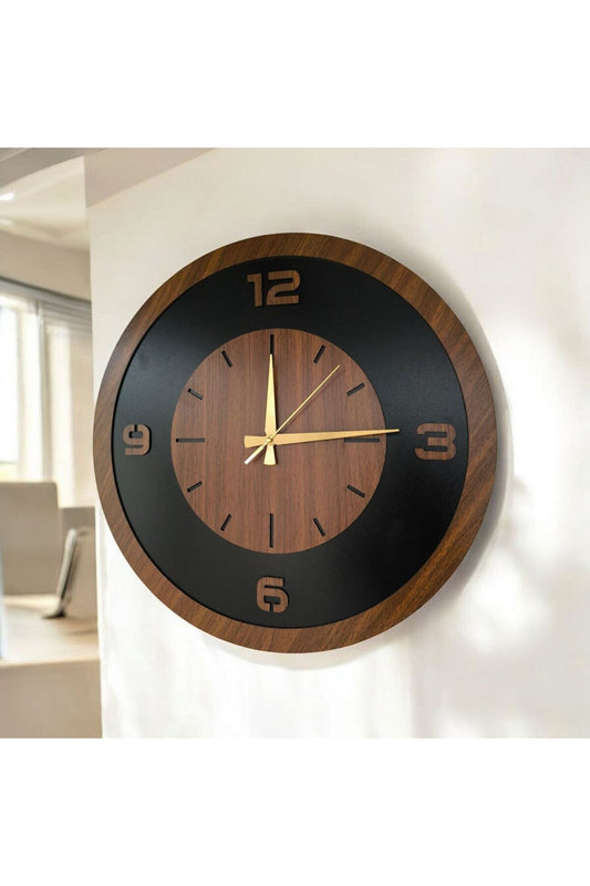 Ahşap Ceviz Siyah Renk Sade Sayılı Hediyelik Sessiz Duvar Saati 50cm