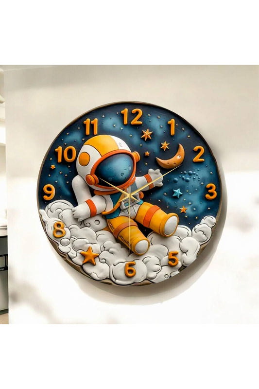 Renkli Baskı Astronot Çocuk Desenli Sayılı Hediyelik Ahşap Sessiz Tablo Duvar Saati 50cm