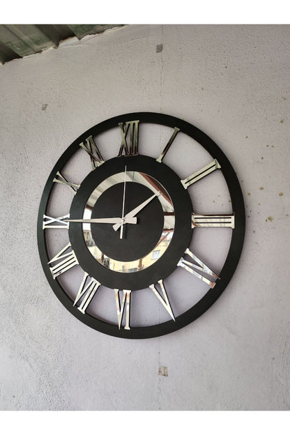 Siyah Renk Gümüş Sayılı Hediyelik Ahşap Dekoratif Farklı Desenli Ev Hediyelik Duvar Saati 50cm