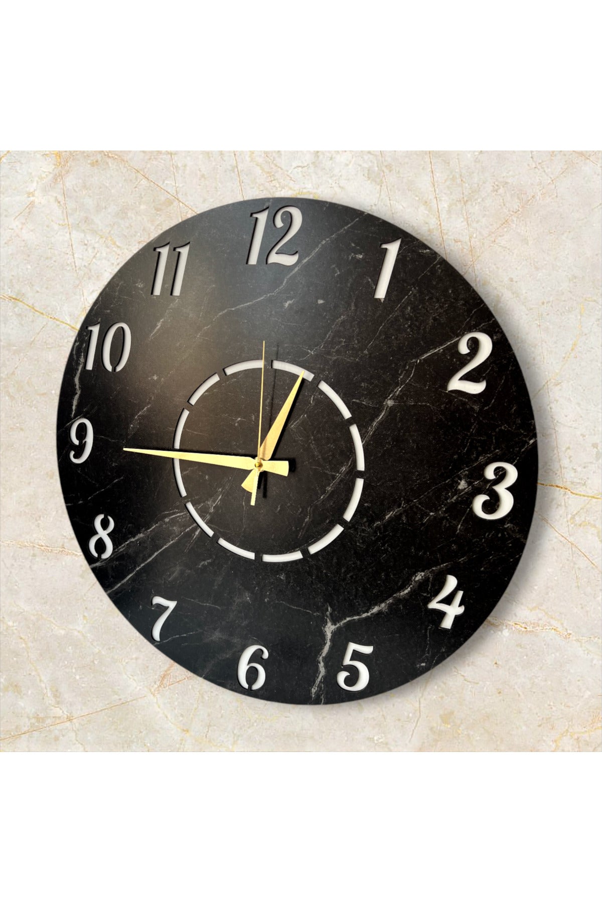 Mermer Desenli Ahşap Siyah Sade Modern Sayılı Salon Ofis Hediyelik Büyük Boy Sessiz Duvar Saati 50cm