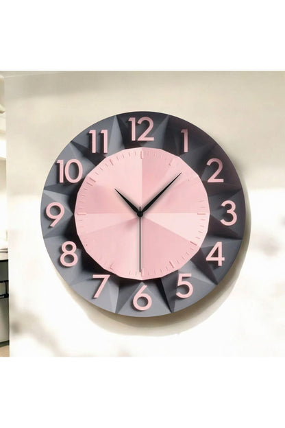 Siyah Pembe Renkli Baskı Kabartma Görünümlü Desenli Sayılı Hediyelik Ahşap Sessiz Duvar Saati