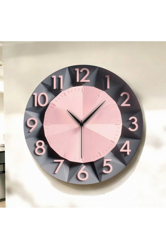 Siyah Pembe Renkli Baskı Kabartma Görünümlü Desenli Sayılı Hediyelik Ahşap Sessiz Duvar Saati