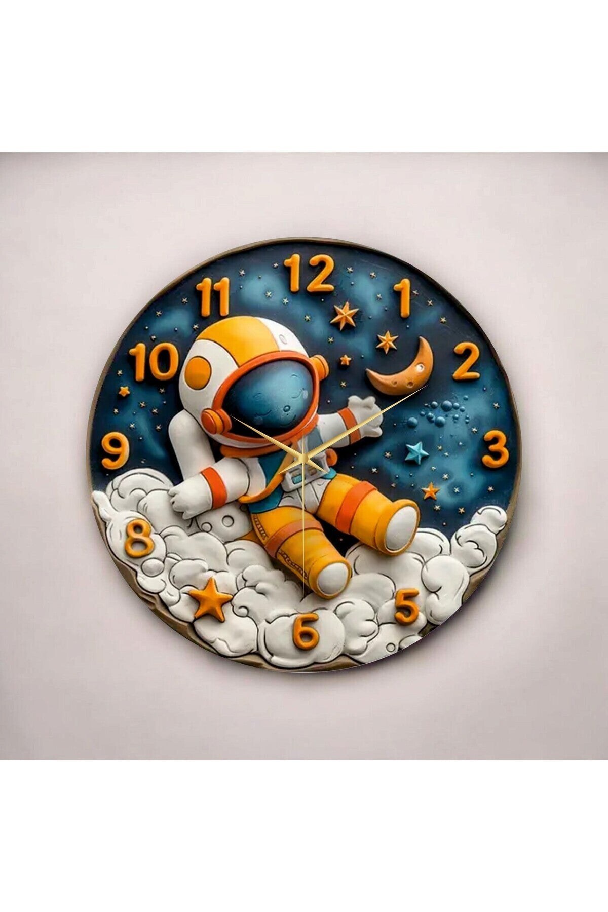Renkli Baskı Astronot Çocuk Desenli Sayılı Hediyelik Ahşap Sessiz Tablo Duvar Saati 50cm