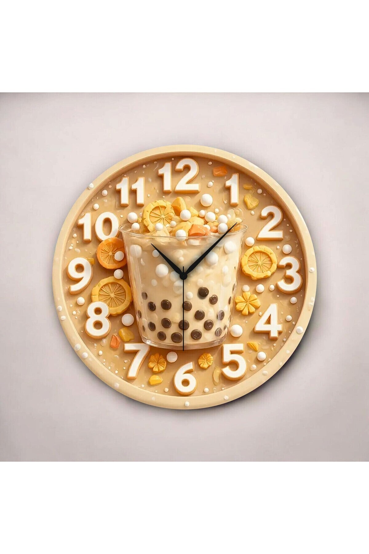 Bubble Tea Kabartma Görünümlü Renkli Baskı Desenli Sayılı Hediyelik Ahşap Sessiz Duvar Saati