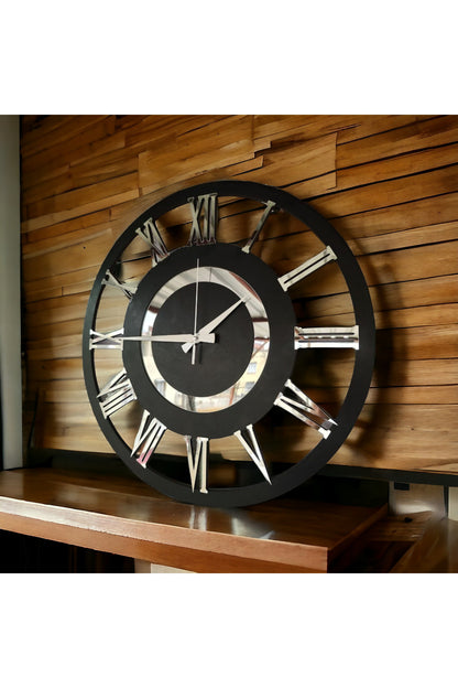 Siyah Renk Gümüş Sayılı Hediyelik Ahşap Dekoratif Farklı Desenli Ev Hediyelik Duvar Saati 50cm