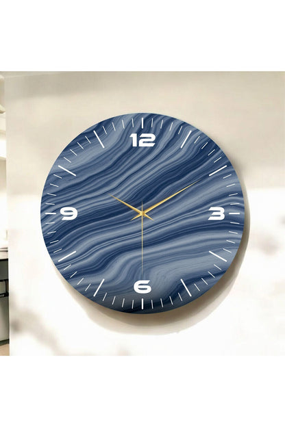 Mavi Renkli Baskı Ebru Desenli Sayılı Hediyelik Ahşap Sessiz Tablo Duvar Saati