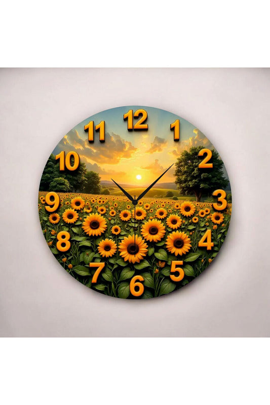 Renkli Baskı Ayçiçek Desenli Sayılı Hediyelik Ahşap Sessiz Tablo Duvar Saati