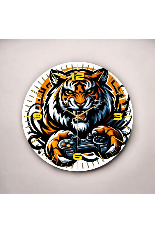 Renkli Baskı Gamer Kaplan Desenli Sayılı Hediyelik Ahşap Sessiz Tablo Duvar Saati