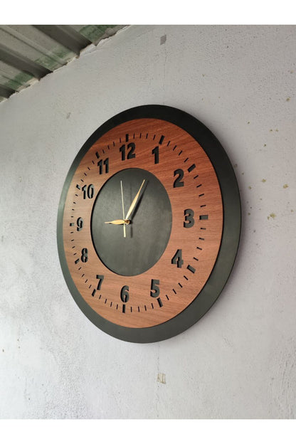 Ahşap Ceviz Mobilya Siyah Renk Sade Sayılı Hediyelik Sessiz Duvar Saati 50cm