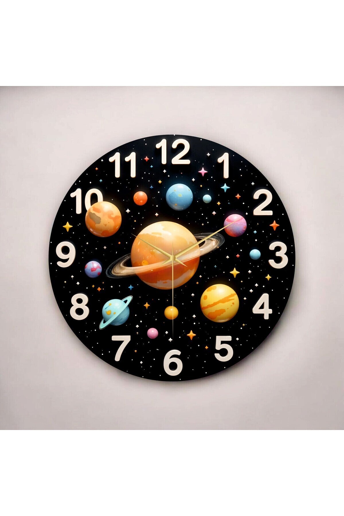 Renkli Baskı Gezegen ve Uzay Desenli Sayılı Hediyelik Ahşap Sessiz Çocuk Tablo Duvar Saati