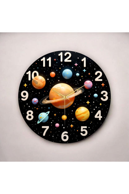 Renkli Baskı Gezegen ve Uzay Desenli Sayılı Hediyelik Ahşap Sessiz Çocuk Tablo Duvar Saati