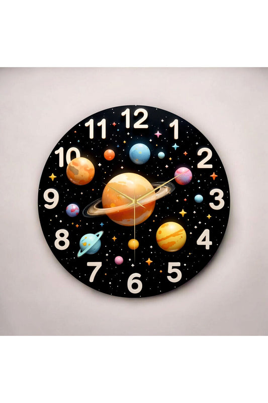 Renkli Baskı Gezegen ve Uzay Desenli Sayılı Hediyelik Ahşap Sessiz Çocuk Tablo Duvar Saati