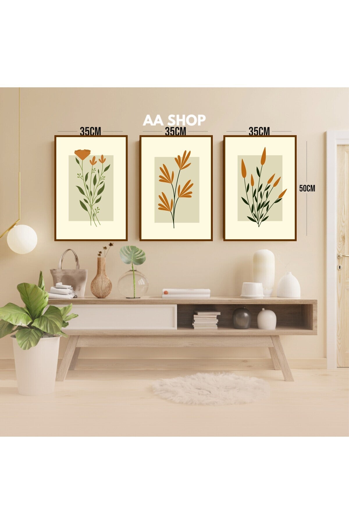 3 Parça Çiçek Yaprak Renkli Solmaz Kaliteli Baskı Çerçeve Görünümlü MDF Tablo Set 54