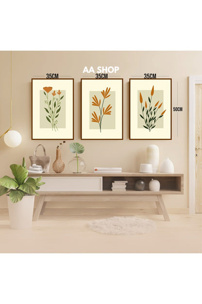 3 Parça Çiçek Yaprak Renkli Solmaz Kaliteli Baskı Çerçeve Görünümlü MDF Tablo Set 54