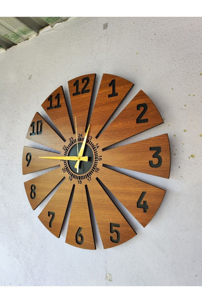 Ahşap Ceviz Mobilya Renk Desenli Hediyelik Sessiz Duvar Saati 50cm