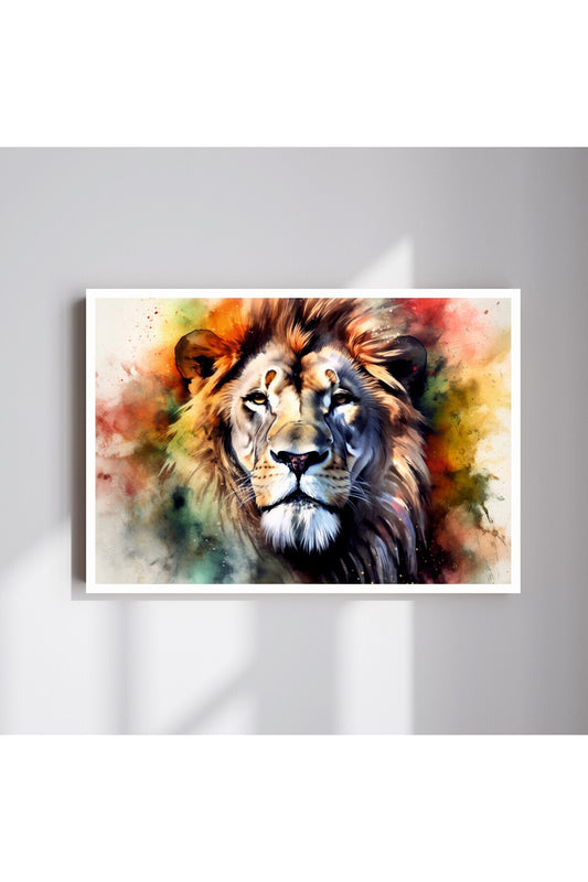 Aslan Hayvan Büyük Boy Renkli Solmaz Kaliteli Baskı Çerçeve Görünümlü MDF Tablo 70x50cm 175