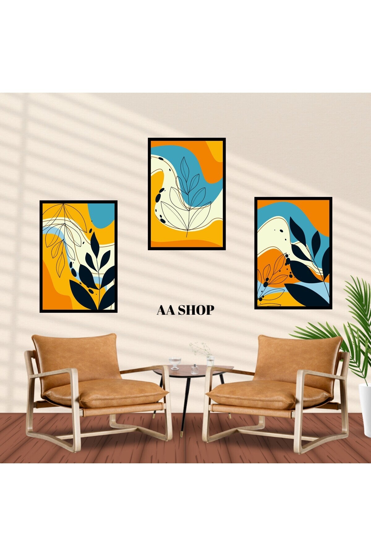 3 Parça Çiçek Yaprak Renkli Solmaz Kaliteli Baskı Çerçeve Görünümlü MDF Tablo Set 51