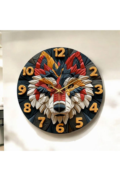 Renkli Baskı Kurt Hayvan Desenli Sayılı Hediyelik Ahşap Sessiz Tablo Duvar Saati