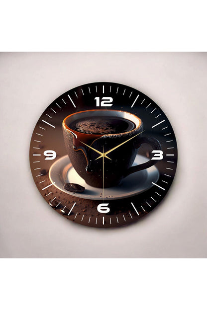 Renkli Baskı Kahve Desenli Sayılı Hediyelik Ahşap Sessiz Tablo Duvar Saati