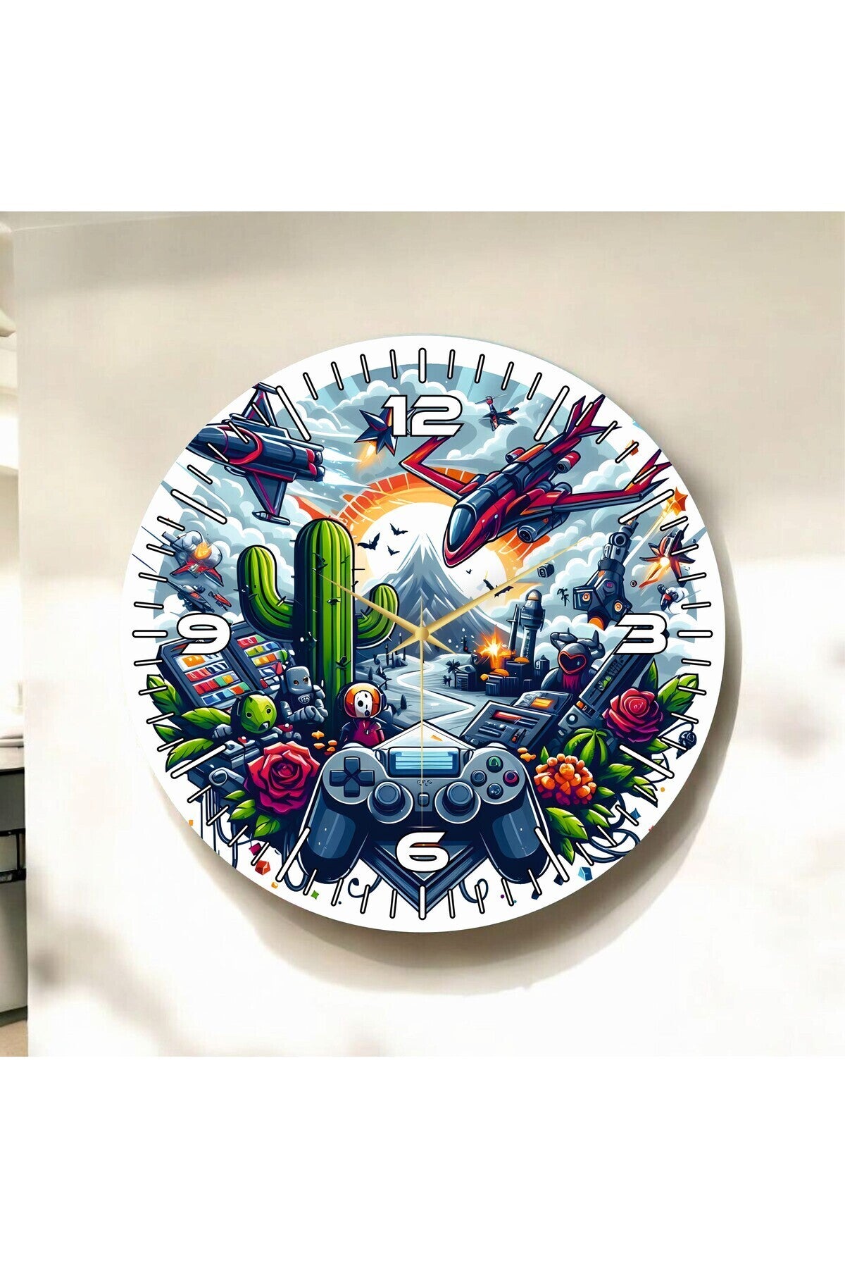 Oyun Temalı Gamer Renkli Baskı Desenli Sayılı Hediyelik Ahşap Sessiz Tablo Duvar Saati
