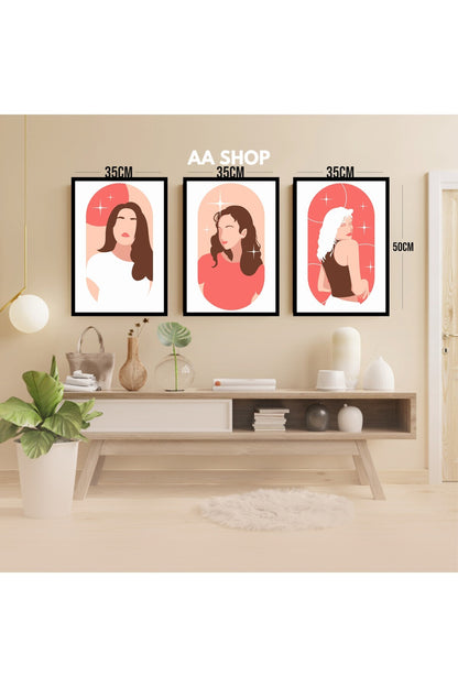 3 Parça Kadın Renkli Solmaz Kaliteli Baskı Çerçeve Görünümlü MDF Tablo Set 44