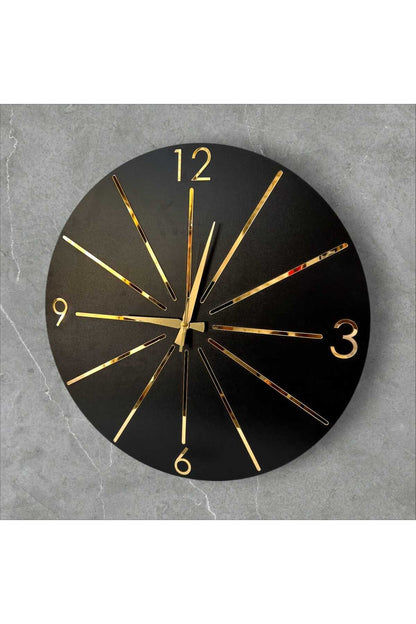 Siyah Renk Gold Gri Aynalı Çizgi Desenli Sessiz Hediyelik Ahşap Dekoratif Ev Ofis Duvar Saati 50cm