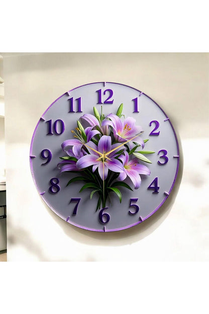 Çiçek Kabartma Görünümlü Mor Renkli Baskı Desenli Sayılı Hediyelik Ahşap Sessiz Duvar Saati