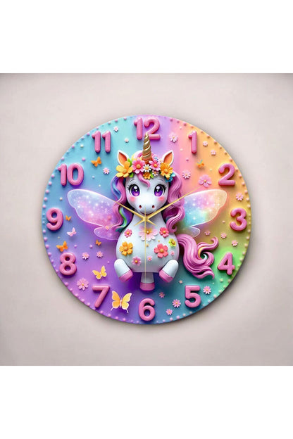 Renkli Baskı At Çocuk Desenli Sayılı Hediyelik Ahşap Sessiz Tablo Duvar Saati