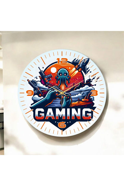 Gaming Yazılı Oyun Temalı Renkli Baskı Desenli Sayılı Hediyelik Ahşap Sessiz Tablo Duvar Saati