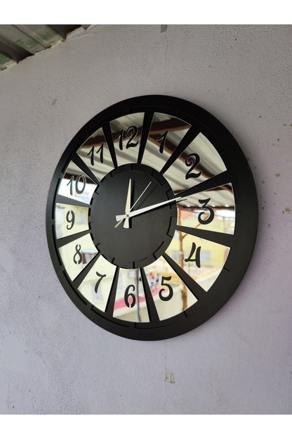 Siyah Renk Gümüş Sayılı Hediyelik Ahşap Dekoratif Farklı Desenli Ev Hediyelik Duvar Saati 50cm