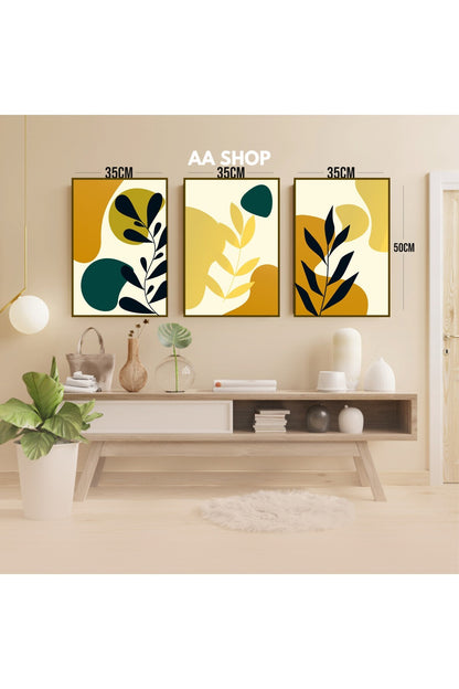 3 Parça Çiçek Yaprak Renkli Solmaz Kaliteli Baskı Çerçeve Görünümlü MDF Tablo Set 58